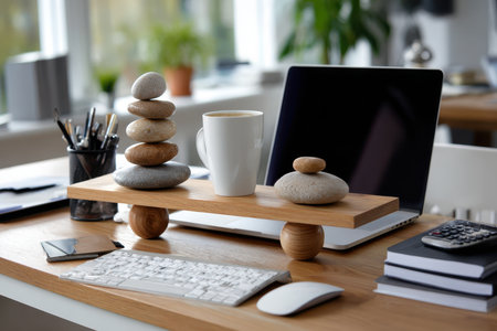 A modern workspace displays stacked stones, a white mug, and office supplies on a wooden desk.の素材