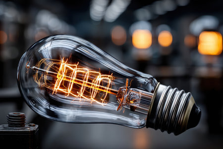 A vintage light bulb with glowing filament illuminates a workshop filled with similar bulbs, creating a warm atmosphere.の素材