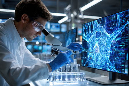 Researcher in lab coat analyzes cellular data under microscope with digital displays surrounding.の素材