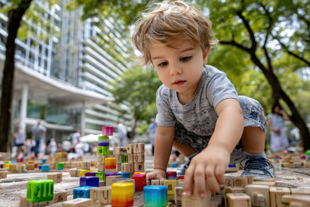 Young child focuses on arranging colorful blocks in a park filled with greenery and other children.の素材