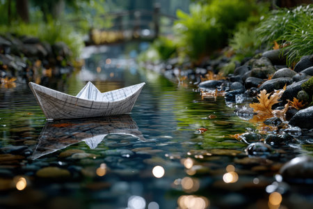 A delicate paper boat glides across a calm stream, reflecting the vibrant autumn foliage and serene surroundings.の素材