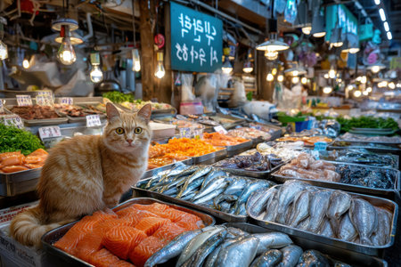 A ginger cat sits on a fishmongers stall surrounded by fresh seafoodの素材