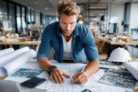 A man sketches detailed architectural blueprints at a workspace filled with design materials in broad daylight.の素材