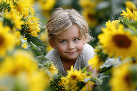 A joyful child enjoys the beauty of a sunflower field under clear blue skies during summer.の素材