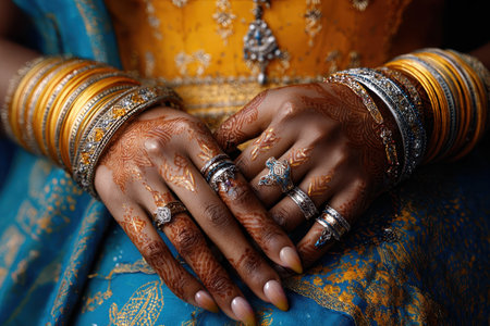 Hands adorned with detailed henna patterns and an array of colorful bangles showcase a cultural celebration.の素材