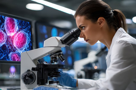 A researcher focuses intently on cell cultures under a microscope while analyzing data on screens.の素材