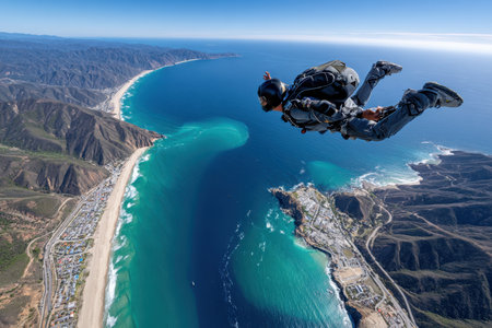 A skydiver performs an exhilarating freefall above a stunning coastline, with vibrant ocean hues and scenic mountains.の素材
