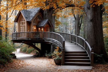 Charming wooden house surrounded by vibrant autumn leaves with a pathway and bridge leading to it.の素材