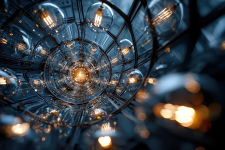 A unique arrangement of light bulbs illuminates a spiral structure, creating a captivating display of light and shadow.の素材