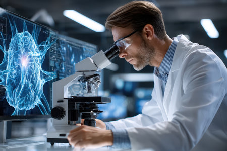 A researcher in a lab coat examines samples under a microscope while viewing data on a screen.の素材
