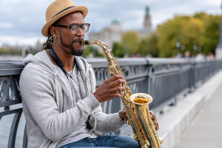 A musician enjoys playing his saxophone on a riverside walkway as clouds gather overhead.の素材
