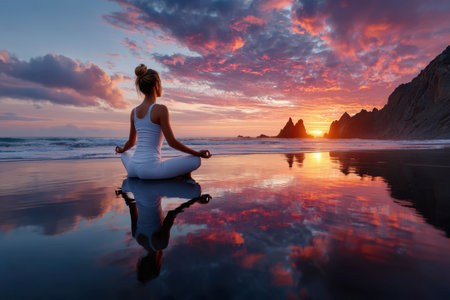 Individual practices meditation on a calm beach at sunset, surrounded by stunning rock formations and colorful sky.の素材