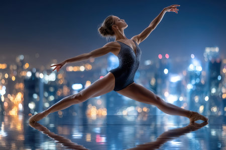 A ballet dancer showcases grace and skill on a rooftop at night, with bright city lights in the background.の素材