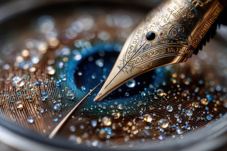 A close-up view of a detailed fountain pen nib resting on vibrant ink containing shimmering droplets.の素材