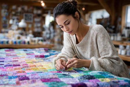 A young woman carefully stitches a vibrant quilt in a charming craft studio, surrounded by colorful materials.の素材