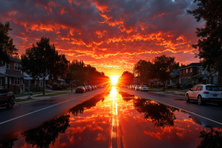 A stunning sunset illuminates the sky with vibrant colors, reflecting on a wet suburban street.の素材