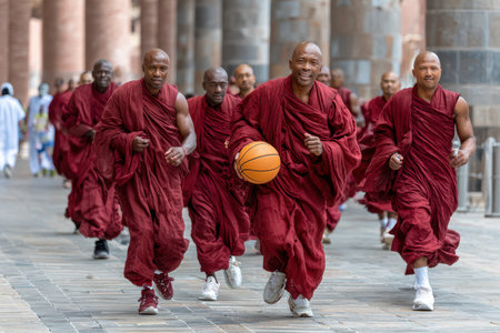 Group of monks dressed in red robes running energetically while holding a basketball in a large courtyard.の素材