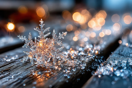 A beautiful snowflake is gracefully positioned on a weathered wooden surface, illuminated by twinkling lights.の素材