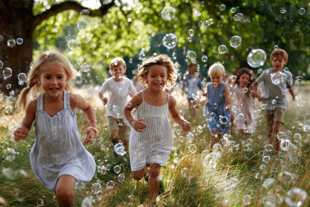 A group of kids races through a grassy field, laughing and chasing bubbles under the bright sun.の素材