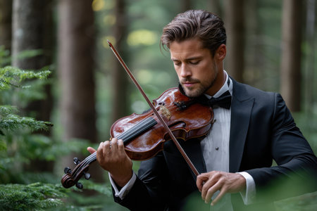 A skilled musician plays a violin amidst tall trees, showcasing a moment of artistry in nature.の素材