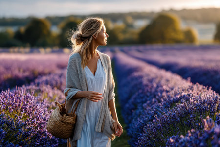 A woman strolls through a vibrant lavender field, enjoying the warm light of sunset, surrounded by nature.の素材