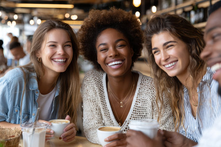 Four friends share laughter and joy while sipping coffee at a casual cafe during a sunny afternoon.の素材