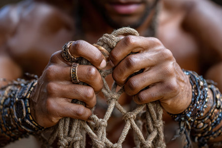 Muscular hands tightly grip twine, skillfully weaving knots in a fishing net as sunlight illuminates the task.の素材