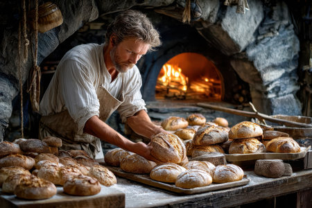 A skilled baker arranges golden crusted bread loaves on a wooden table in a cozy bakery setting.の素材