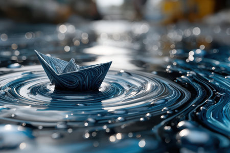 A delicate paper boat drifts on a water surface, surrounded by vibrant swirling patterns and gentle reflections.の素材
