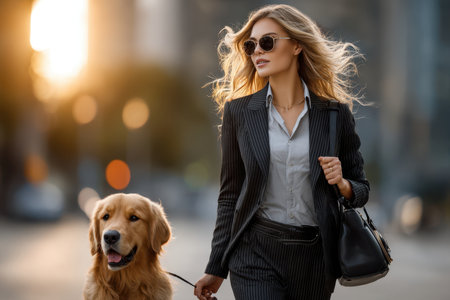 A fashionable woman strolls with her golden retriever through a vibrant city setting at sunset.の素材