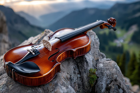 A beautiful violin is placed on a rocky surface, surrounded by majestic mountains during sunset.の素材