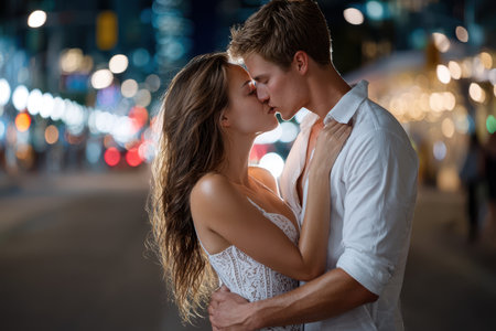 A couple embraces and kisses passionately under city lights on a lively street during nighttime.の素材