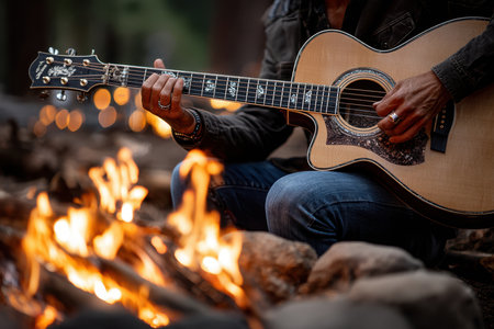 A musician sits by a campfire, strumming an acoustic guitar as flames flicker against the twilight sky.の素材