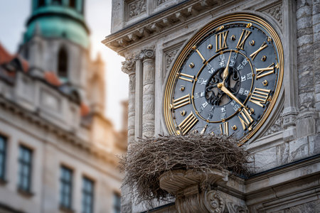 A vintage clock on a city tower, under the golden hour light, shot with a telephoto lens, with a surprise element of a bird nesting in itの素材