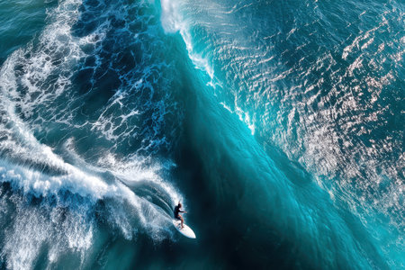 A dynamic, aerial shot of a surfer riding a wave, with a thrilling, adventurous mood, using a drone camera to capture the action, with a narrative twist of a dolphin joining the surferの素材