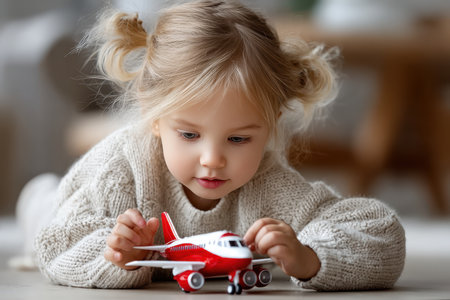 A child focuses intently on a red toy airplane while lying on the floor in a cozy living room.の素材