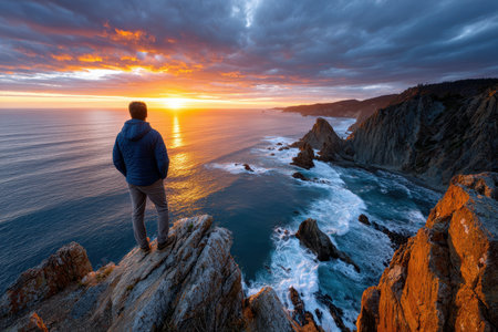A person gazes at the vibrant sunset over the ocean from a rocky cliff edge as waves crash below.の素材