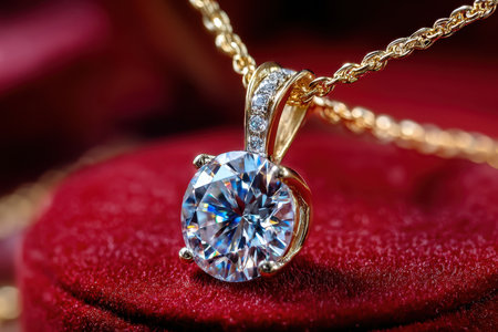 A close-up shot of a diamond necklace on a velvet cushion, under soft, warm light, shot with a macro lens, with a surprise element of a hidden camera in the gemの素材