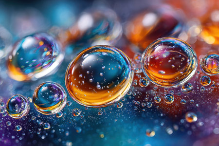 Closeup of colorful bubbles on an iridescent surfaceの素材