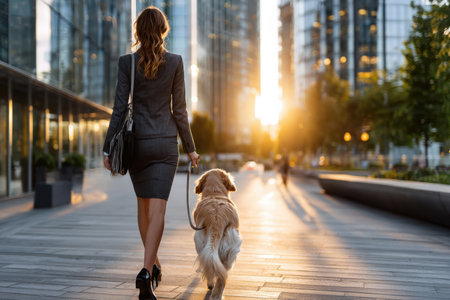 A professional woman walks her golden retriever along a city street, enjoying the sunset.の素材