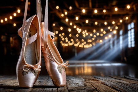 Worn pink ballet shoes rest on a wooden floor in an empty theater with string lightsの素材
