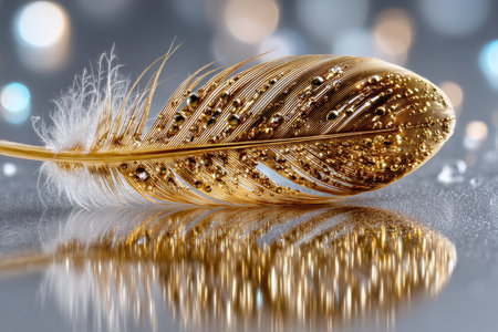 A minimalist shot of a single feather on a white background, conveying simplicity and elegance, under soft studio lighting, using a macro lens on a mirrorless camera, where the feather is made of goldの素材