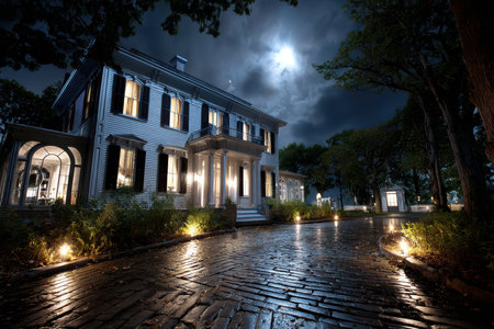 A large house illuminated at night with a cobblestone drivewayの素材