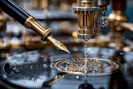 A close-up view of a fountain pen hovering over a vinyl record, capturing water droplets.の素材