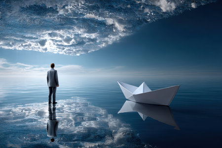 A man in a suit gazes at a paper boat on tranquil water reflecting a dramatic, cloudy sky.の素材