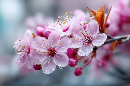 Closeup of pink cherry blossoms with water droplets on a branchの素材