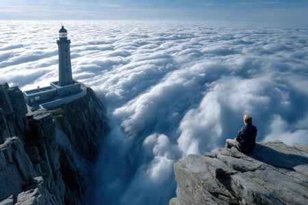 Individual sits on a rocky ledge, gazing at a lighthouse engulfed by swirling clouds on a bright day.の素材