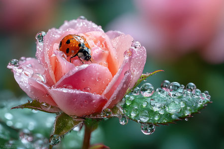 A macro shot of a dew-kissed rose, illuminated by soft morning light, with a ladybug unexpectedly in the frameの素材