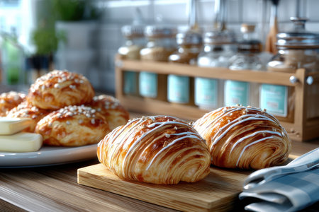 Two iced croissants and other pastries sit on a wooden kitchen counterの素材