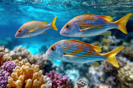 Three colorful fish swim in front of a coral reefの素材